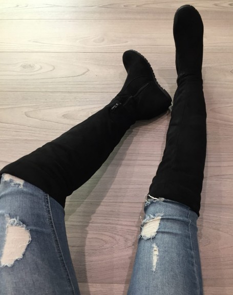 Black suede wedge thigh-high boots