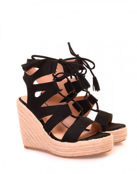 Black suede wedges with crisscrossed laces