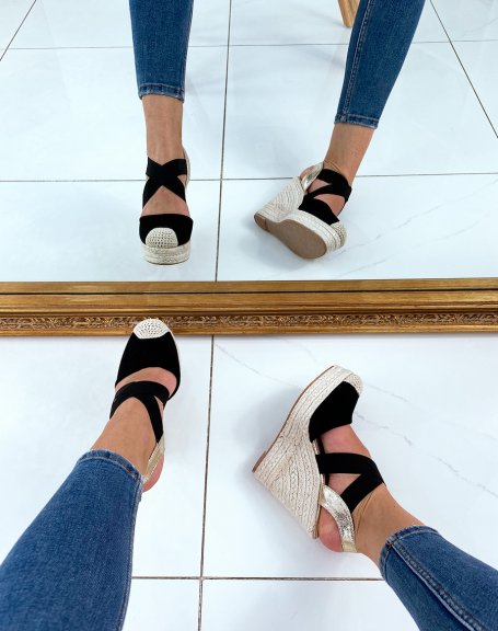 Black suede wedges with crossed straps