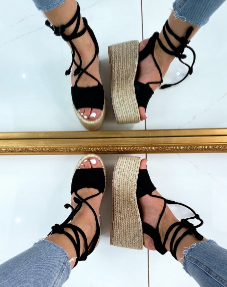 Black suede wedges with long strap