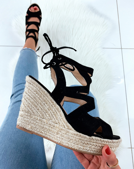 Black suede wedges with multiple straps and laces