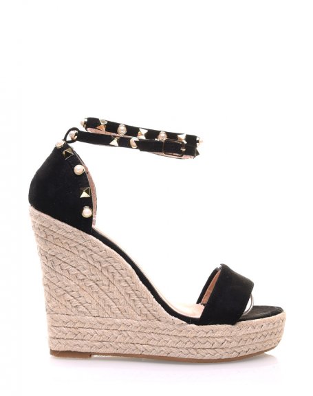 Black suede wedges with studded strap