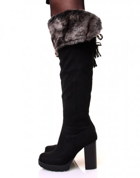 Black suedette and fur heeled boots