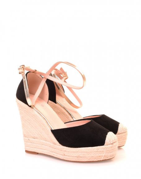 Black suedette and gold espadrilles with wedge heels