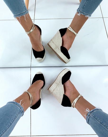 Black suedette and gold espadrilles with wedge heels