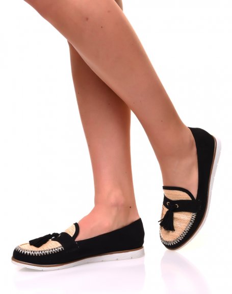Black suedette and wicker-effect moccasins with pompoms