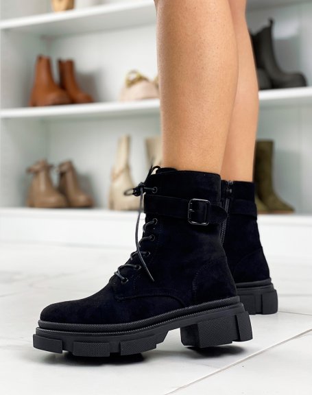 Black suedette ankle boots with a strap and notched sole