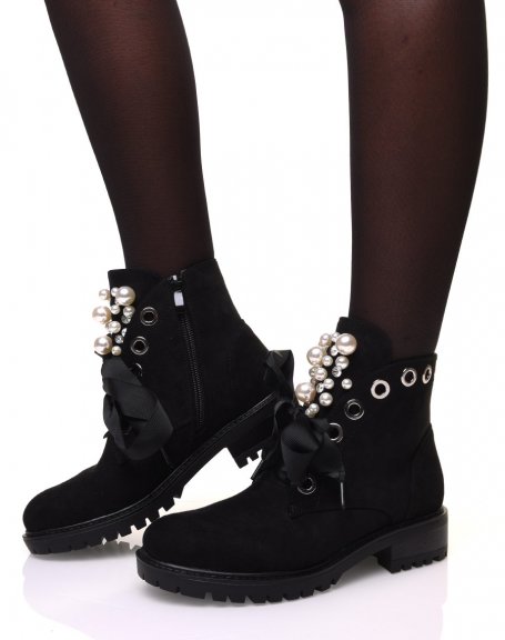 Black suedette ankle boots with chic details