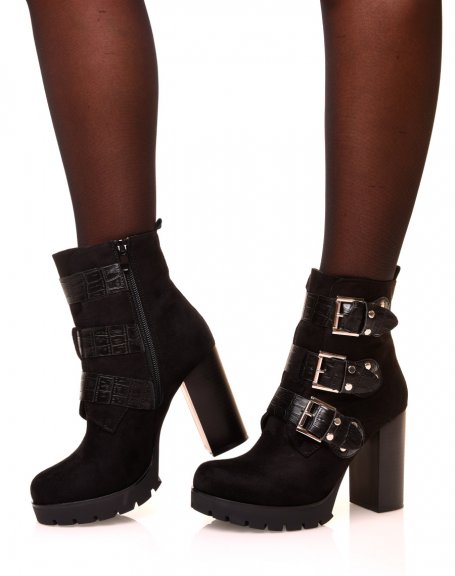 Black suedette ankle boots with crocodile straps
