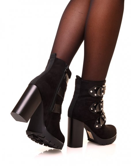 Black suedette ankle boots with crocodile straps