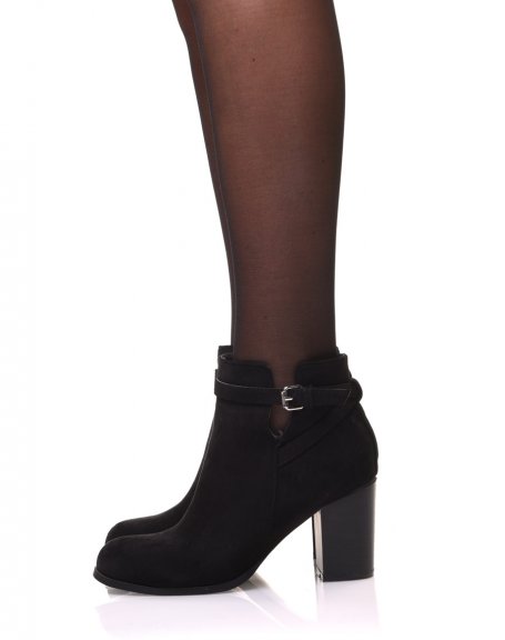 Black suedette ankle boots with decorative strap