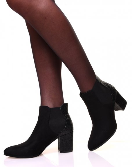 Black suedette ankle boots with glitter at the back