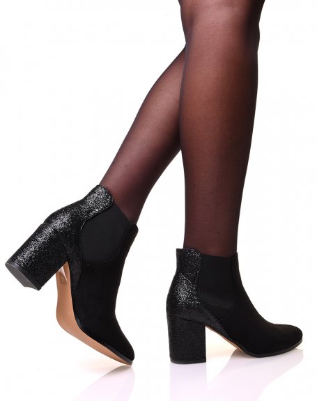 Black suedette ankle boots with glitter at the back