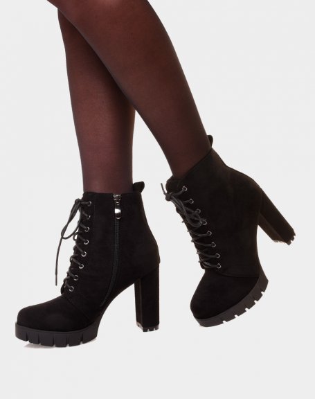 Black suedette ankle boots with heel and chunky platform