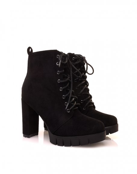 Black suedette ankle boots with heel and chunky platform