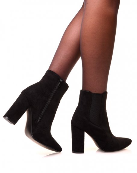Black suedette ankle boots with heels and pointed toes