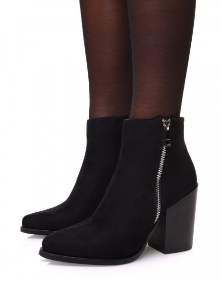 Black suedette ankle boots with pointed toe and chunky heel