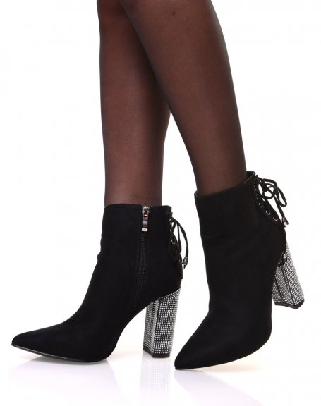 Black suedette ankle boots with rhinestone heel