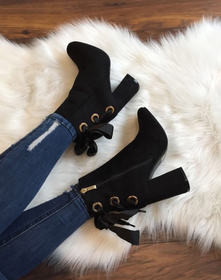 Black suedette ankle boots with satin heels and laces