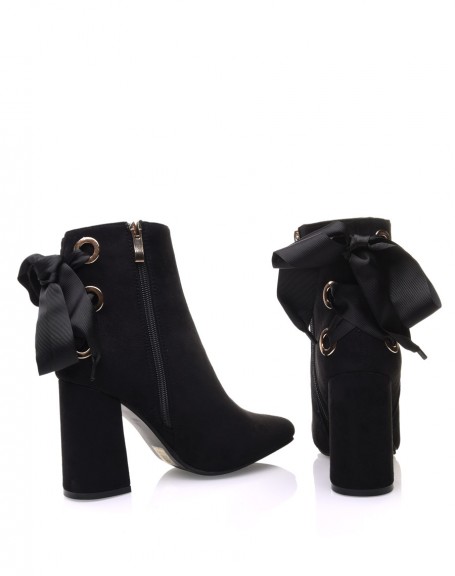 Black suedette ankle boots with satin heels and laces