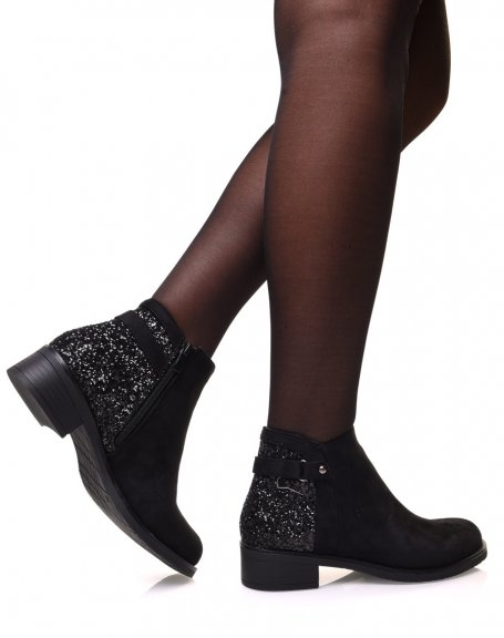 Black suedette ankle boots with sequins at the back