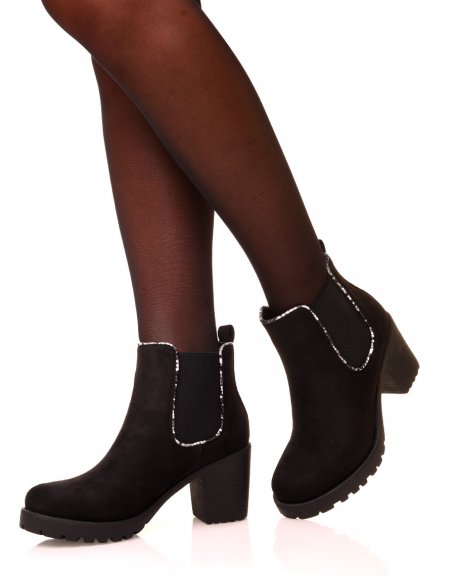 Black suedette ankle boots with small heel