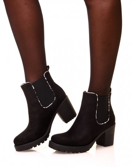 Black suedette ankle boots with small heel