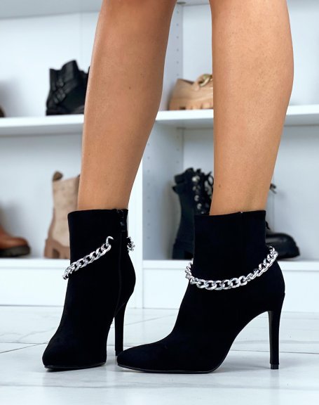 Black suedette ankle boots with stiletto heel and silver chain