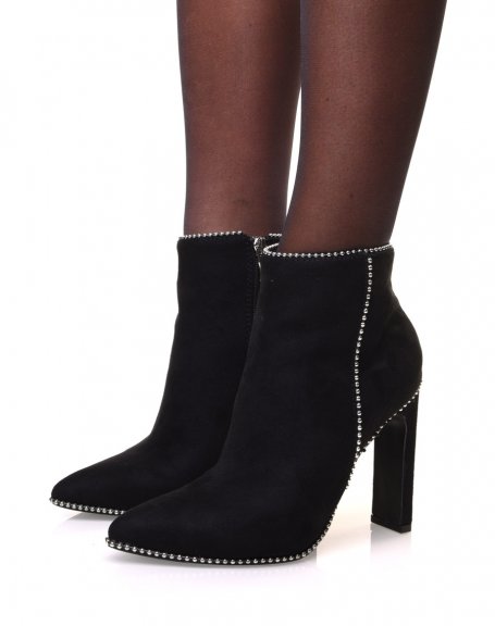 Black suedette ankle boots with studded details and heels