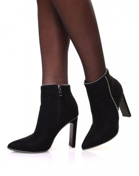 Black suedette ankle boots with studded details and heels