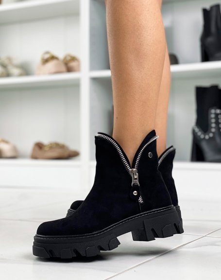 Black suedette ankle boots with zipped petal effect