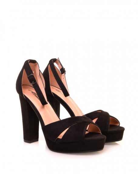 Black suedette block heel platform sandals
