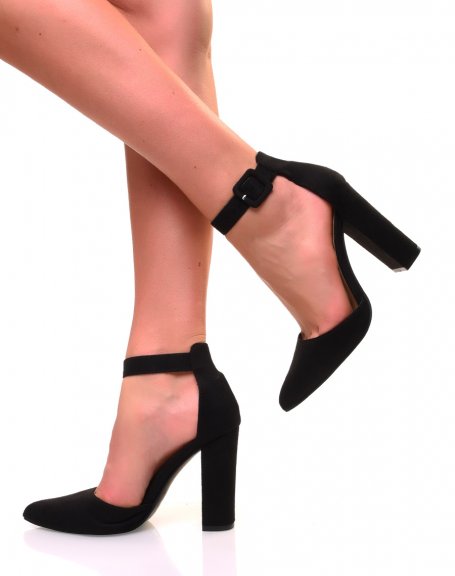 Black suedette block heel pumps