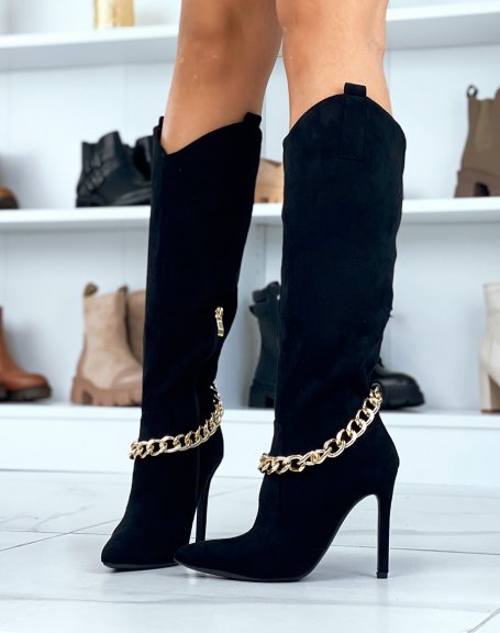 Black suedette boots with stiletto heel and gold chain