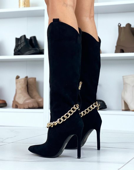 Black suedette boots with stiletto heel and gold chain