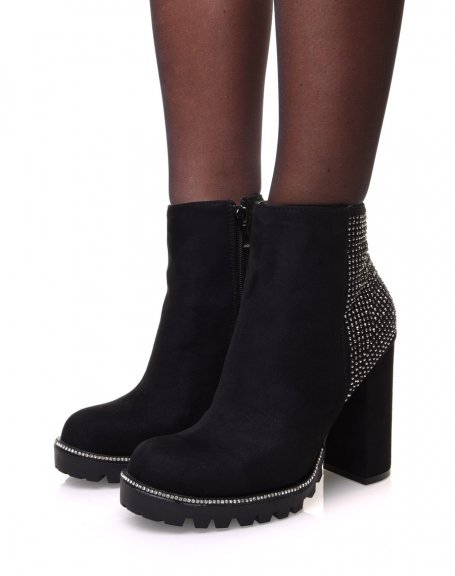 Black suedette chelsea boots with rhinestone details and heels
