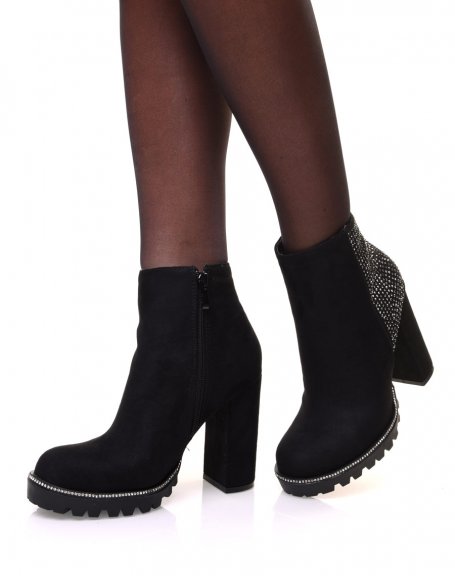 Black suedette chelsea boots with rhinestone details and heels