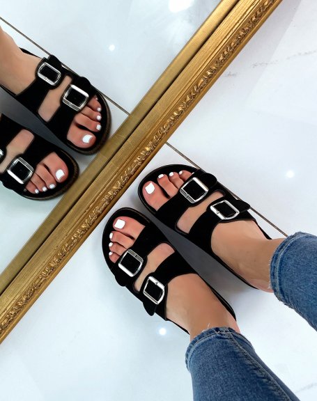 Black Suedette Chunky Double Strap Flat Sandals