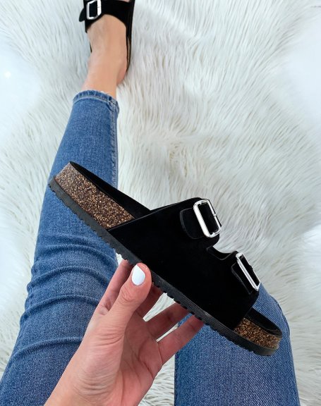 Black Suedette Chunky Double Strap Flat Sandals