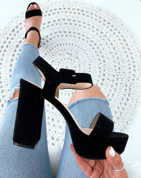 Black Suedette Chunky Platform Heel Sandals
