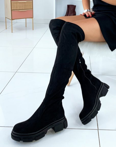 Black Suedette Chunky Platform Over The Knee Boots