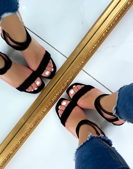 Black suedette cross-strap heeled sandals