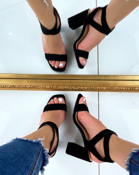 Black suedette cross-strap heeled sandals