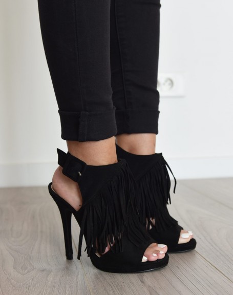 Black suedette-effect open-toe heeled sandals with fringes