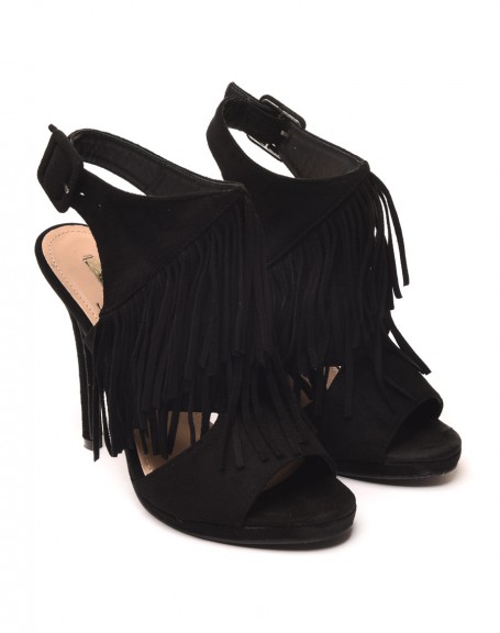 Black suedette-effect open-toe heeled sandals with fringes