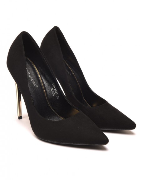 Black suedette effect pumps with pointed toe and black & gold heel