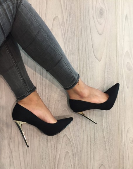 Black suedette effect pumps with pointed toe and black & gold heel