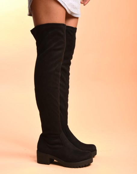 Black suedette-effect thigh-high boots with low heel