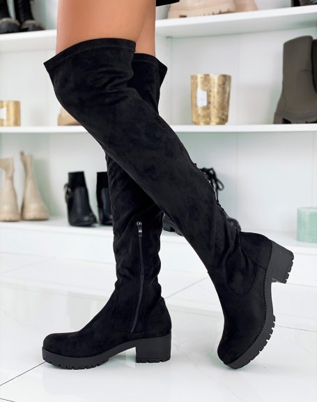 Black suedette-effect thigh-high boots with low heel