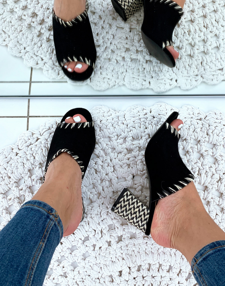 Black suedette heeled mules with decorative details